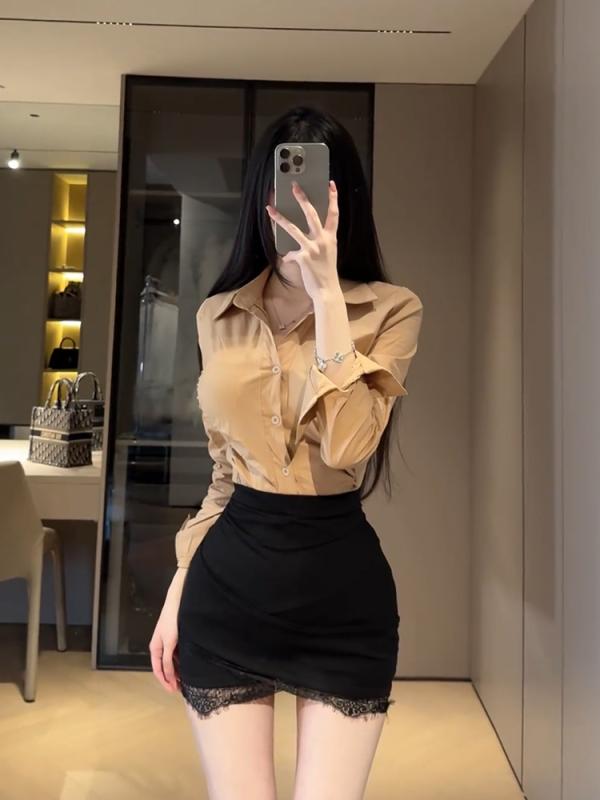 春 コーデ レディース ファッション オシャレ カワイイ シンプル きれいめ ナチュラル 上品カジュアル 婦人服 長袖 シャツ 通勤ウェア OL レース スカート スーツ