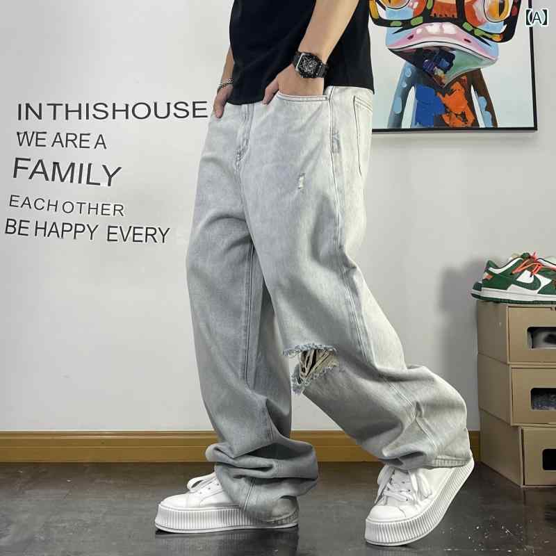 メンズ 男性用 ファッション オシャレ シンプル 大人 かっこいい ストリート ヒップホップ HipHop 無地 パンツ リート ストレート ジーンズ 夏 パンツ|リコット