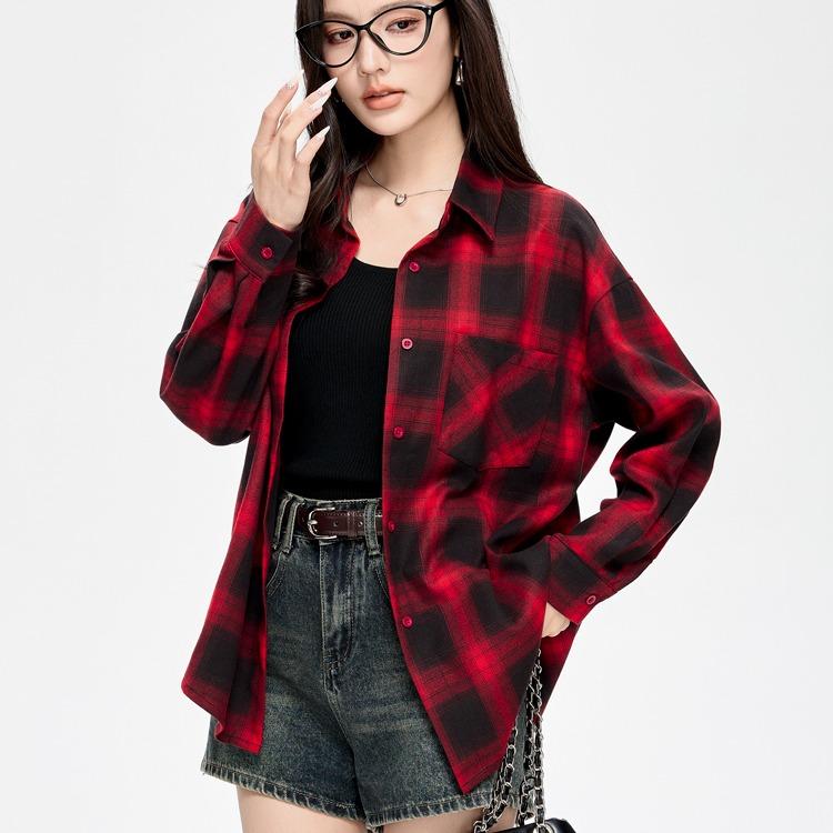 春 コーデ レディース ファッション オシャレ カワイイ シンプル きれいめ ナチュラル 上品カジュアル 婦人服 レッド チェック シャツ クラシック 長袖 トップス ジャケット |リコット