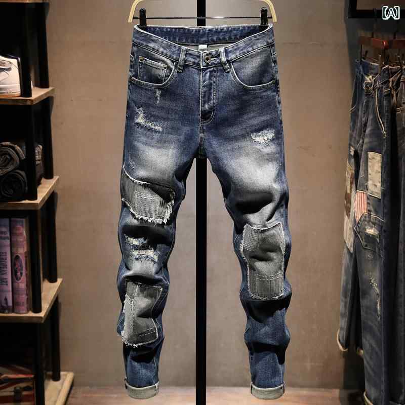 メンズ 男性用 ファッション オシャレ シンプル 大人 かっこいい ストリート ヒップホップ HipHop リート ジーンズ 秋 パッチ ストレッチ スリムフィット パンツ｜リコット