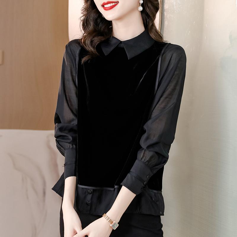 春 コーデ レディース ファッション オシャレ カワイイ シンプル きれいめ ナチュラル 上品カジュアル 婦人服 ゴールド ベルベット シャツ 服 フェイク ツーピース トップス 長袖