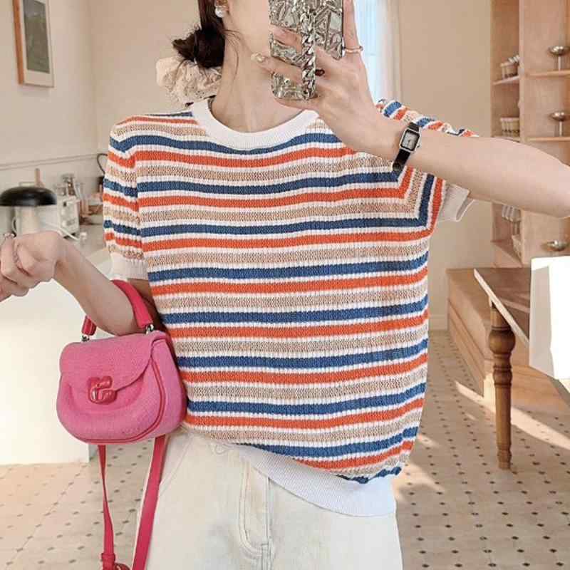 春 コーデ レディース ファッション オシャレ カワイイ シンプル きれいめ ナチュラル 上品カジュアル 婦人服 ニット ストライプ 半袖 Tシャツ 夏 スリムフィット ゆったり トップス