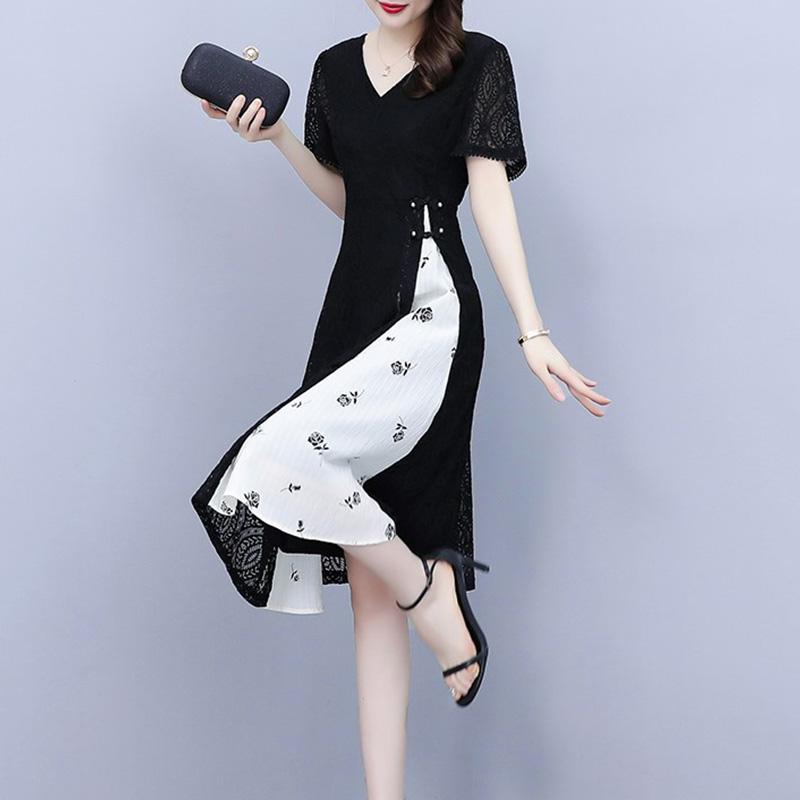 春 コーデ レディース ファッション オシャレ カワイイ シンプル きれいめ ナチュラル 上品カジュアル 婦人服 レース ワンピース 夏 フェイク ツーピース 半袖 ミドル丈 スカート ｜リコット 6,281円