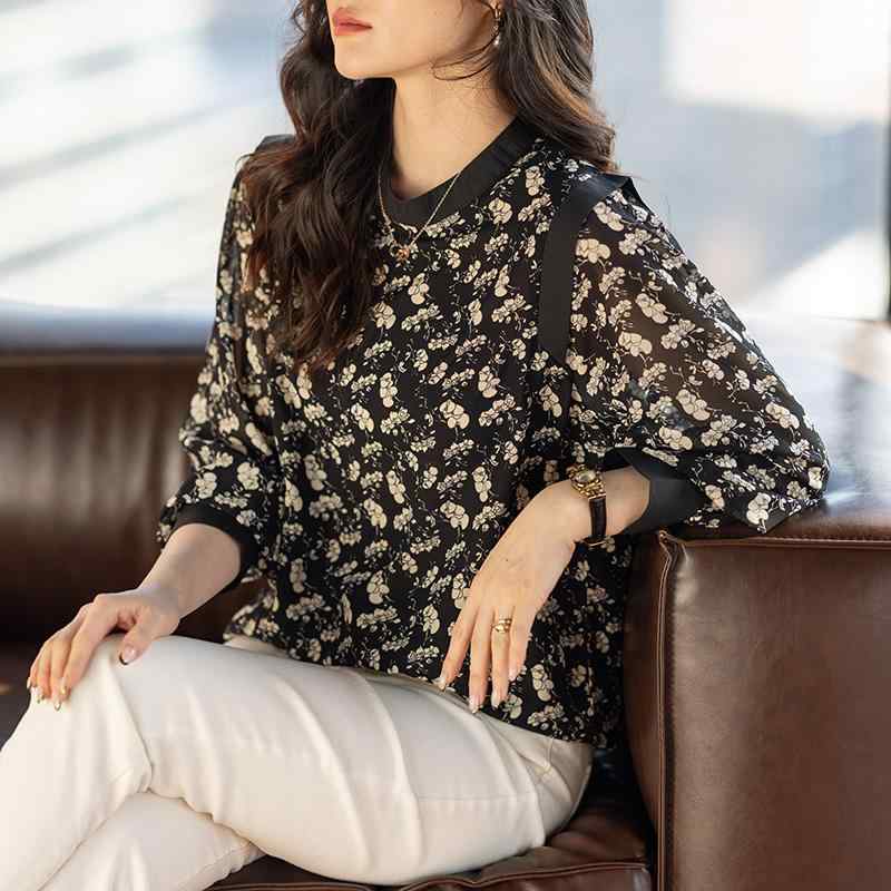 春 コーデ レディース ファッション オシャレ カワイイ シンプル きれいめ ナチュラル 上品カジュアル 婦人服 花柄 シフォンシャツ ミドル丈 スタイリッシュ シャツ 長袖 トップス