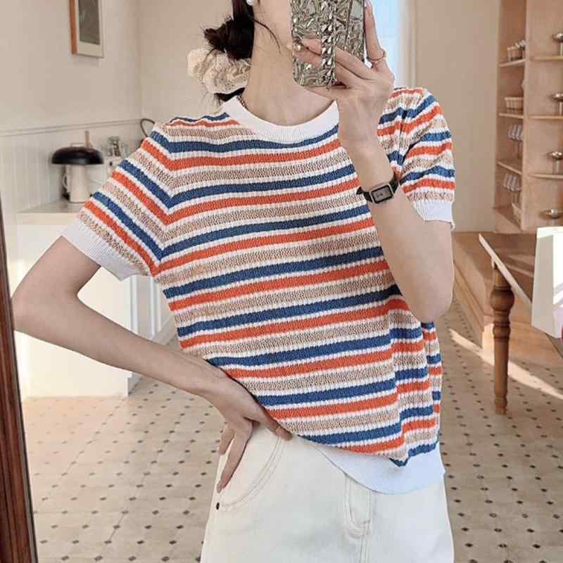 春 コーデ レディース ファッション オシャレ カワイイ シンプル きれいめ ナチュラル 上品カジュアル 婦人服 ニット 半袖 Tシャツ 夏 ストライプ スリムフィット トップス