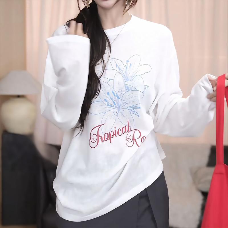 春 コーデ レディース ファッション オシャレ カワイイ シンプル きれいめ ナチュラル 上品カジュアル 婦人服 薄手 プリント ゆったり 長袖 日焼け防止 Tシャツ トップス