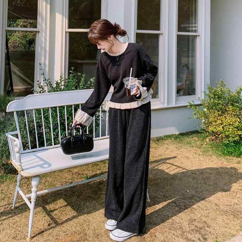 春 コーデ レディース 流行り物 オシャレ カワイイ   分かりやすい 好いたらしいめ 自然的 雅びやか心地よい 亭主もち服 縁 編み目 背広 心地よい か細い ワイドレッグ ズボン下 背広