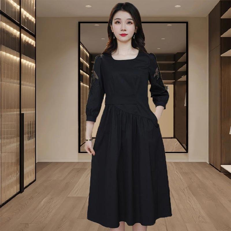春 コーデ レディース ファッション オシャレ カワイイ シンプル きれいめ ナチュラル 上品カジュアル 婦人服 フレンチ ウエスト スクエアネック ドレス スリム クラシック ミディアム丈 スカート