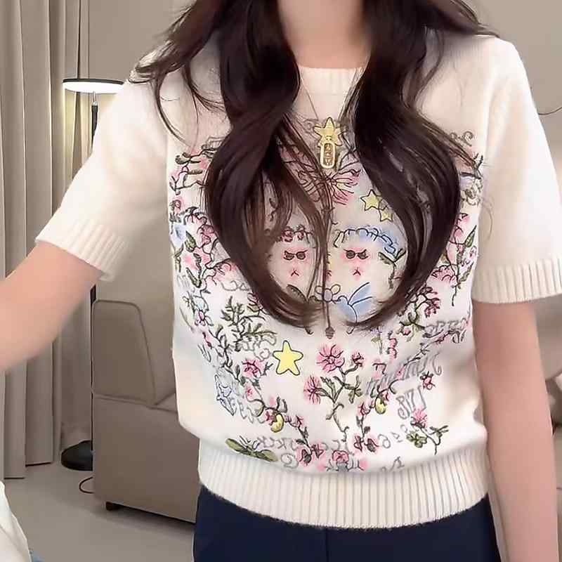 春 コーデ レディース ファッション オシャレ カワイイ シンプル きれいめ ナチュラル 上品カジュアル 婦人服 半袖 ニット セーター 夏 ハイエンド ラウンドネック トップス