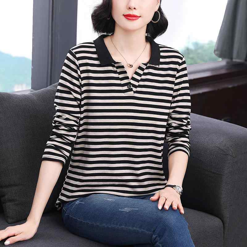 春 コーデ レディース ファッション オシャレ カワイイ シンプル きれいめ ナチュラル 上品カジュアル 婦人服 ストライプ 長袖 Tシャツ スリム ポロ襟 トップス