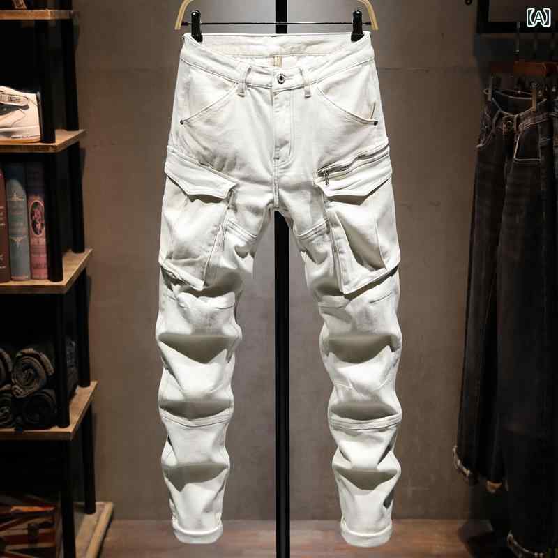 メンズ 男性用 ファッション オシャレ シンプル 大人 かっこいい ストリート ヒップホップ HipHop アメリカン バイク オフ ホワイト ジーンズ マルチ ポケット スリムフィット パンツ