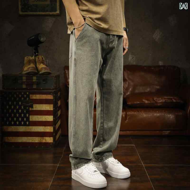 メンズ 男性用 ファッション オシャレ シンプル 大人 かっこいい ストリート ヒップホップ HipHop ダーク グリーン リート ジーンズ ストレート レッグ 春 秋 アメリカンン レトロ ウォッシュ ワイド レッグ パンツ|リコット