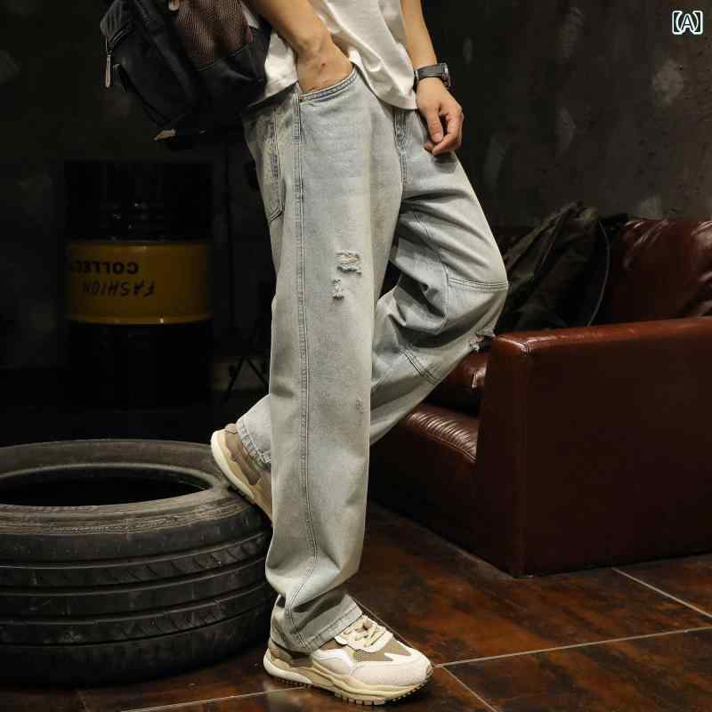 メンズ 男性用 ファッション オシャレ シンプル 大人 かっこいい ストリート ヒップホップ HipHop 春 秋 アメリカン ストリート ジーンズ ライト カラー レトロ ウォッシュ ストレート ワイド レッグ パンツ
