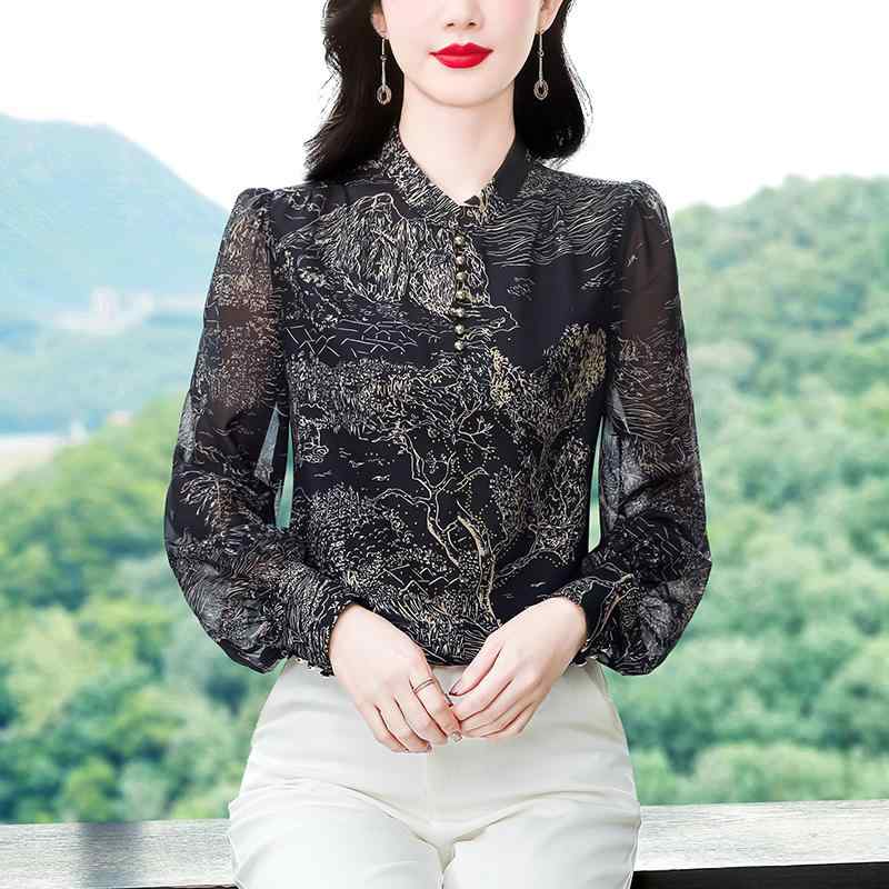 春 コーデ レディース ファッション オシャレ カワイイ シンプル きれいめ ナチュラル 上品カジュアル 婦人服 プリント サテンシャツ 長袖 シャツ トップス
