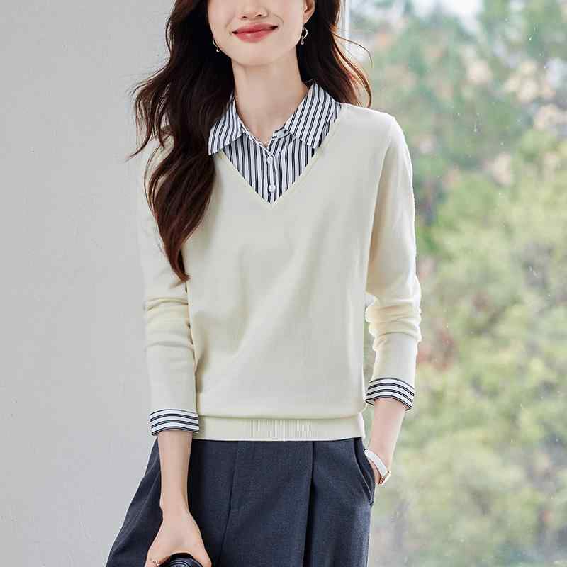 春 コーデ レディース ファッション オシャレ カワイイ シンプル きれいめ ナチュラル 上品カジュアル 婦人服 ストライプ シャツ フェイク ツーピース ニット セーター カジュアル スリム 長袖 シャツ
