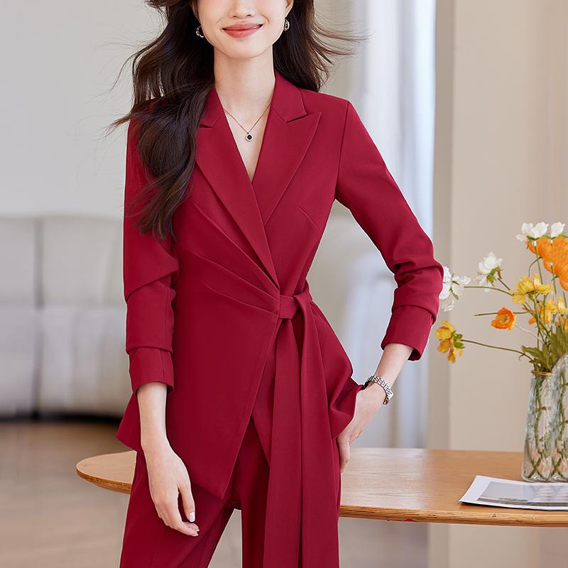 春 コーデ レディース ファッション オシャレ カワイイ シンプル きれいめ ナチュラル 上品カジュアル 婦人服 赤 レース スーツ ジャケット スリム ウエスト |リコット
