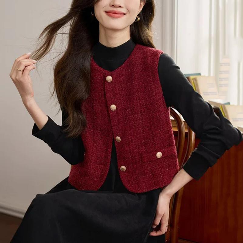 春 コーデ レディース ファッション オシャレ カワイイ シンプル きれいめ ナチュラル 上品カジュアル 婦人服 ツイード ベスト ノースリーブベスト ウエスト コート ドレス トップス