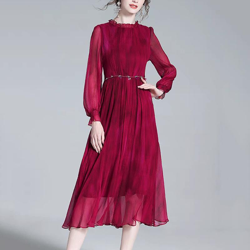 春 コーデ レディース ファッション オシャレ カワイイ シンプル きれいめ ナチュラル 上品カジュアル 婦人服 赤 ウエスト 長袖 ドレス フレンチ ハイエンド Aライン スカート スリム ロング