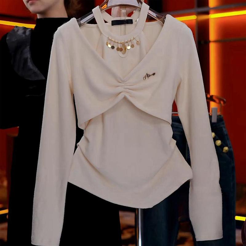 春 コーデ レディース ファッション オシャレ カワイイ シンプル きれいめ ナチュラル 上品カジュアル 婦人服 フェイク ツーピース 長袖 Tシャツ スリム ハイエンド レイヤリング トップス