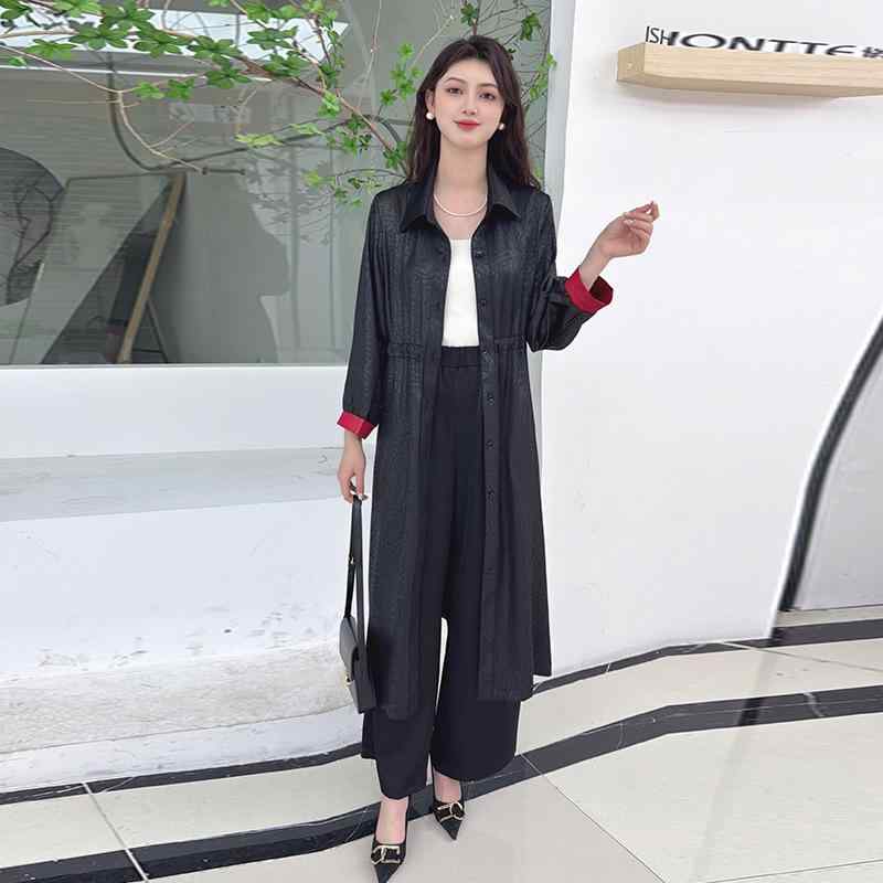春 コーデ レディース ファッション オシャレ カワイイ シンプル きれいめ ナチュラル 上品カジュアル 婦人服 シャツ カラー ウインドブレーカー ロング コート 七分袖 サテン ジャカード アウター スリム トップス