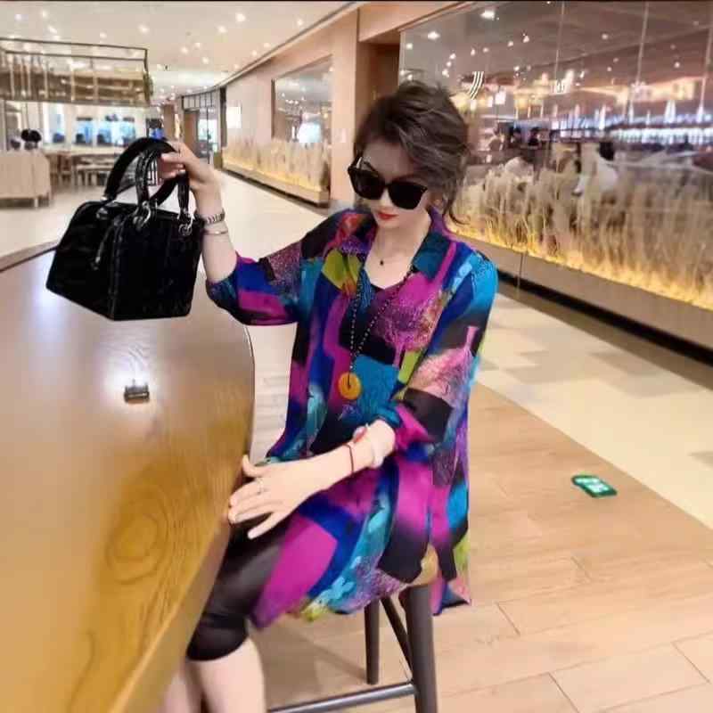 春 コーデ レディース ファッション オシャレ カワイイ シンプル きれいめ ナチュラル 上品カジュアル 婦人服 ポロ襟 プリント 日焼け防止 シフォンシャツ 通勤ウェア トップス |リコット
