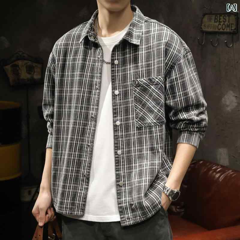 メンズ 男性用 ファッション オシャレ シンプル 大人 かっこいい ストリート ヒップホップ HipHop レトロ チェック柄 シャツ 長袖 秋 冬 ゆったり 大きいサイズ ストライプ カジュアル シャツ ジャケット|リコット