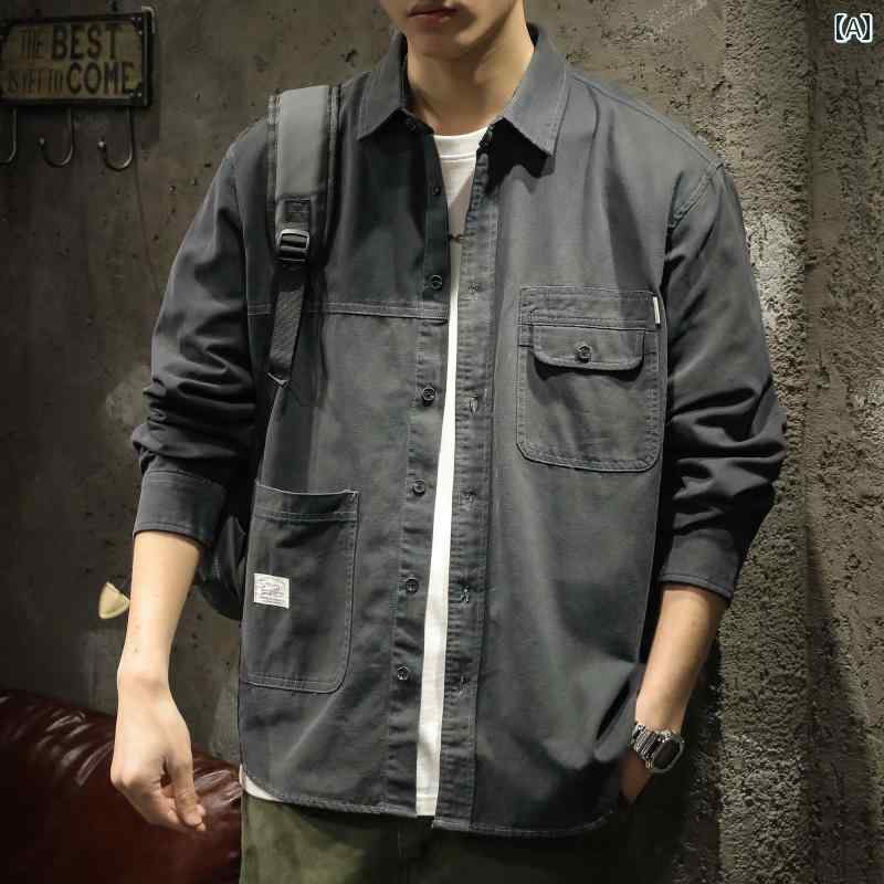 メンズ 男性用 ファッション オシャレ シンプル 大人 かっこいい ストリート ヒップホップ HipHop デニムシャツ アメリカンン レトロ 春 秋 長袖 シャツ カジュアル マルチ ポケット トップス|リコット
