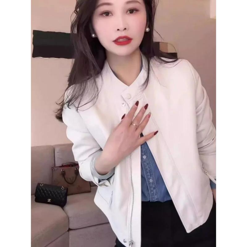 春 コーデ レディース ファッション オシャレ カワイイ シンプル きれいめ ナチュラル 上品カジュアル 婦人服 スタンドカラー 無地 ジッパー 長袖 PUレザー ライダース ジャケット 通勤ウェア 快適 ジャケット