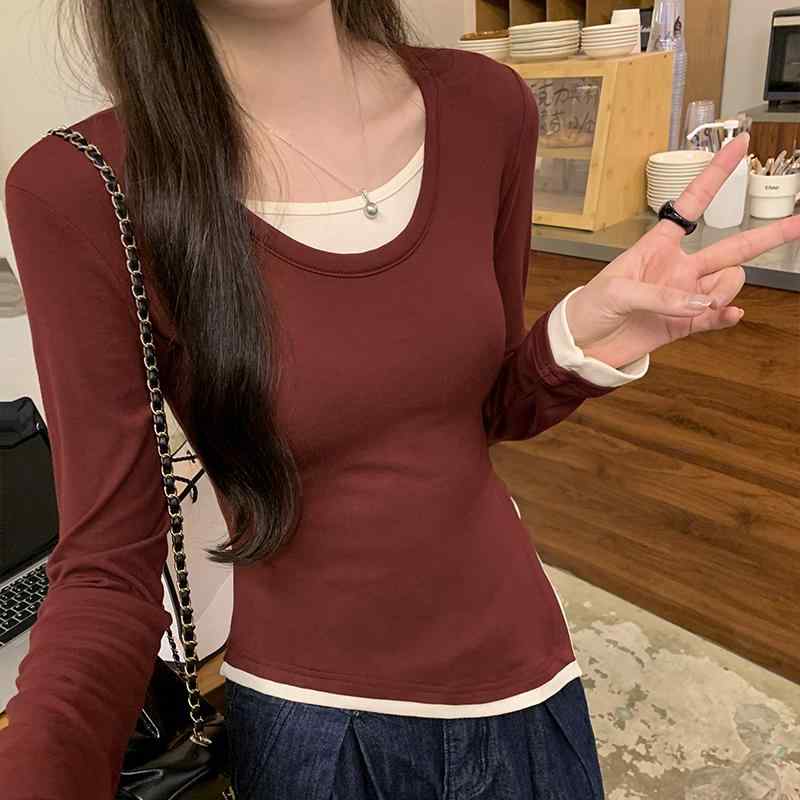 春 コーデ レディース ファッション オシャレ カワイイ シンプル きれいめ ナチュラル 上品カジュアル 婦人服 カラー フェイク ツーピース Tシャツ スリム 長袖 トップス