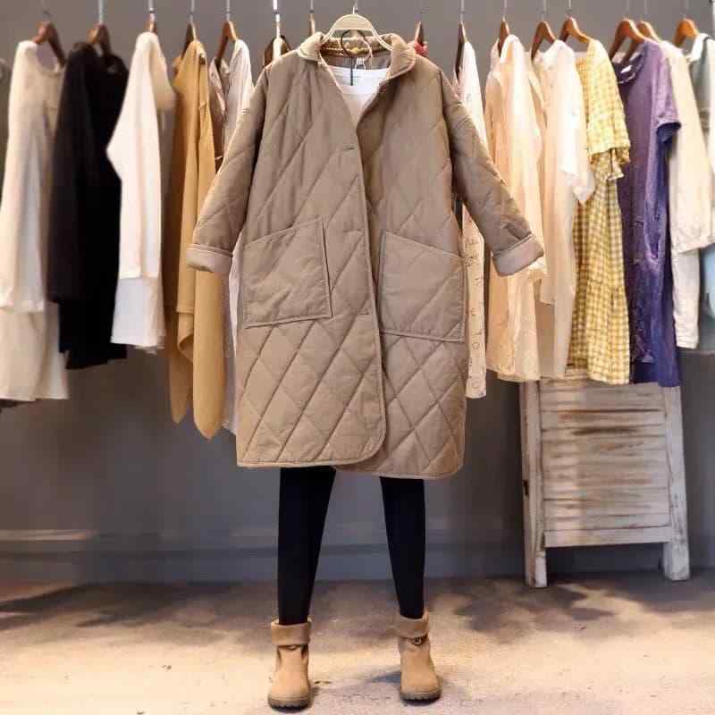春 コーデ レディース 流行り物 オシャレ カワイイ   分かりやすい 好いたらしいめ 自然的 窈窕たる心地好い 亭主もち服 途轍も無い大いさ キルティング 斜方形 照合のしるし柄 綿織物厚地の外套 心地好い 真っただ中丈 防寒 コート・ジャケット-レディースファッション