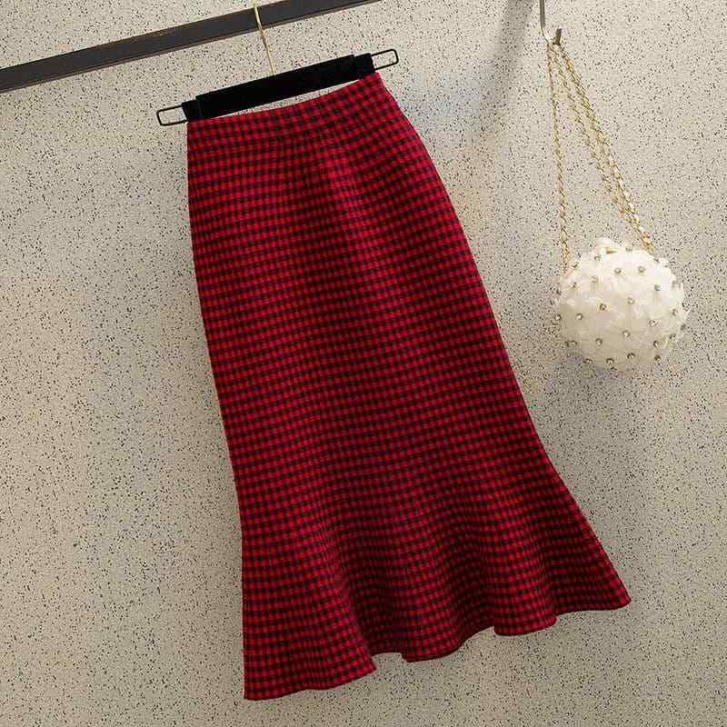 春 コーデ レディース ファッション オシャレ カワイイ シンプル きれいめ ナチュラル 上品カジュアル 婦人服 赤 チェック柄 ニット フィッシュテール スカート ハイウエスト スリム フリル スカート