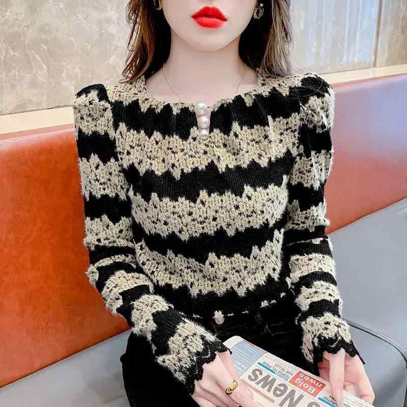 春 コーデ レディース 流行り物 オシャレ カワイイ   分かりやすい 好いたらしいめ 自然的 雅びやか心地よい お上さん服 ラウンドのど首 ビーズ 縞模様 スピード競技 プルオーバー 芳ばしさ 古典派音楽 色合いマッチング トップス