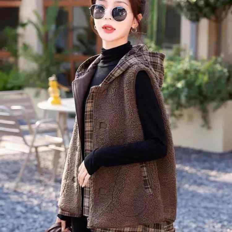 春 コーデ レディース ファッション オシャレ カワイイ シンプル きれいめ ナチュラル 上品カジュアル 婦人服 ベスト チェック柄 フード付き 羊毛 ジャケット |リコット