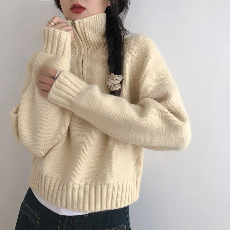 春 コーデ レディース ファッション オシャレ カワイイ シンプル きれいめ ナチュラル 上品カジュアル 婦人服 ハーフ ジップ タートルネック セーター ゆったり ニット トップス |リコット