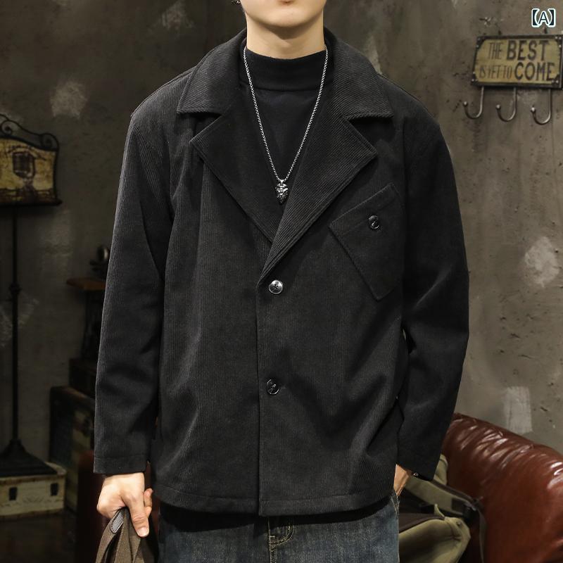 メンズ 成人男性用 流行り物 オシャレ 分かりやすい 成年者 かっこいい 表どおり 御居処跳ねる HipHop 心地よい 背広 上衣 秋 冬 黒 縦縞 コール天  服
