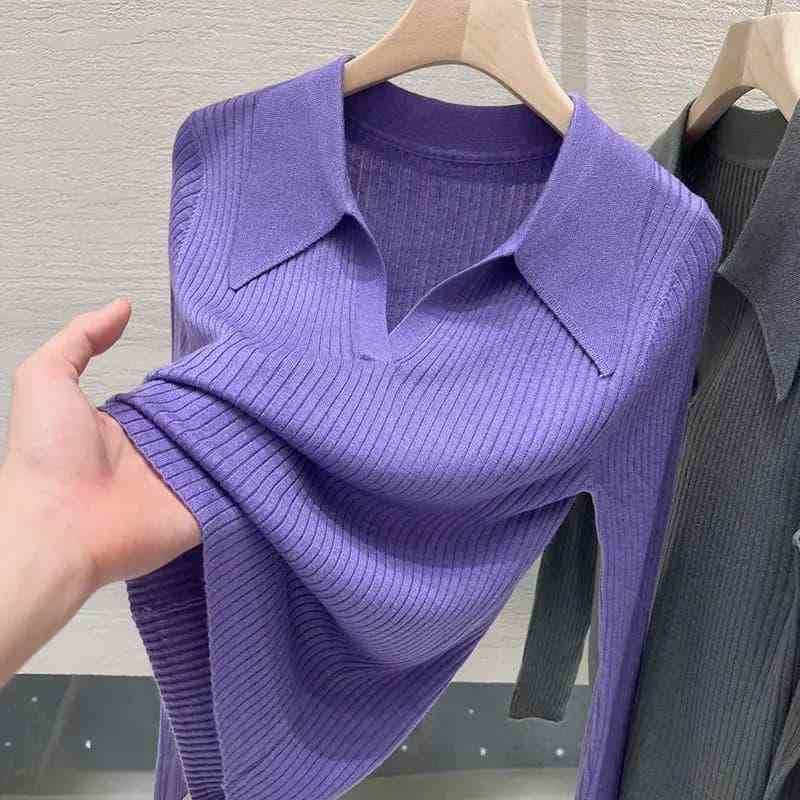 春 コーデ レディース ファッション オシャレ カワイイ シンプル きれいめ ナチュラル 上品カジュアル 婦人服 無地 ストライプ ニット セーター スリムフィット 長袖 シャツ トップス