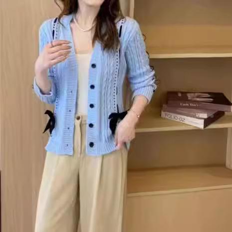 春 コーデ レディース 流行り物 オシャレ カワイイ   分かりやすい 好いたらしいめ 自然的 雅びやか心地よい お上さん服 ロング 服 心地よい 袖 シュロの葉 編み物 ジレー Vのど首 羊毛
