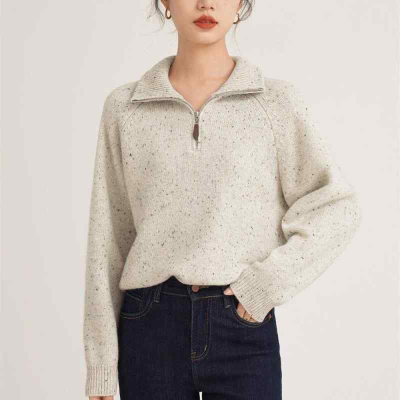 春 コーデ レディース ファッション オシャレ カワイイ シンプル きれいめ ナチュラル 上品カジュアル 婦人服 ポロカラー ベージュ ニット セーター ハーフ ジップ シーズン チェーン フリース |リコット