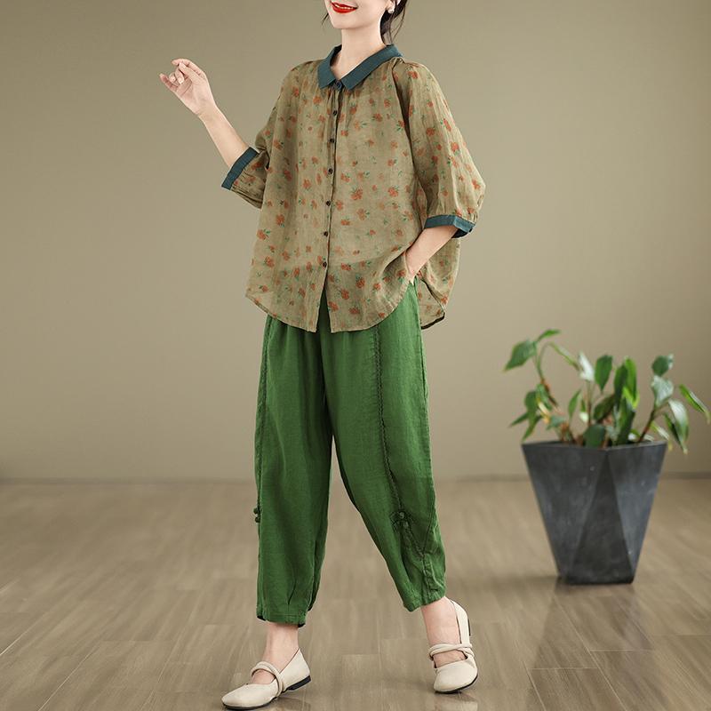春 コーデ レディース ファッション オシャレ カワイイ シンプル きれいめ ナチュラル 上品カジュアル 婦人服 大きいサイズ クラシック プリント ツーピース カジュアル コットン 麻 シャツ スーツ ゆったり