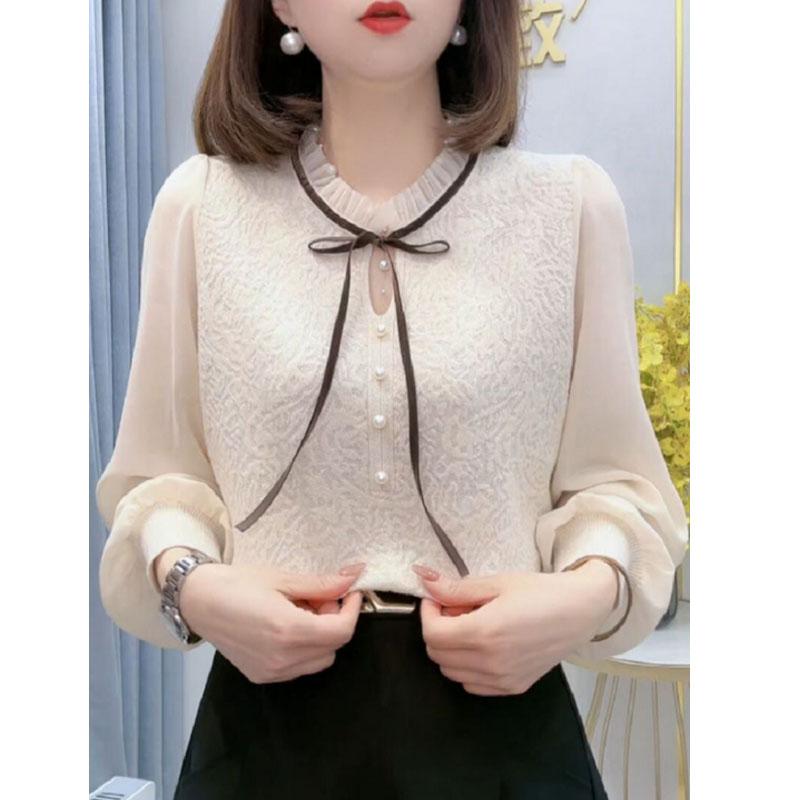 春 コーデ レディース ファッション オシャレ カワイイ シンプル きれいめ ナチュラル 上品カジュアル 婦人服 レース リボン ビーズ セーター シャツ パール 長袖 トップス