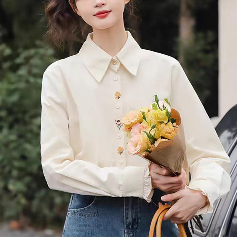 春 コーデ レディース ファッション オシャレ カワイイ シンプル きれいめ ナチュラル 上品カジュアル 婦人服 ゆったり クラシック フラワー シャツ コットン 長袖 トップス カレッジ