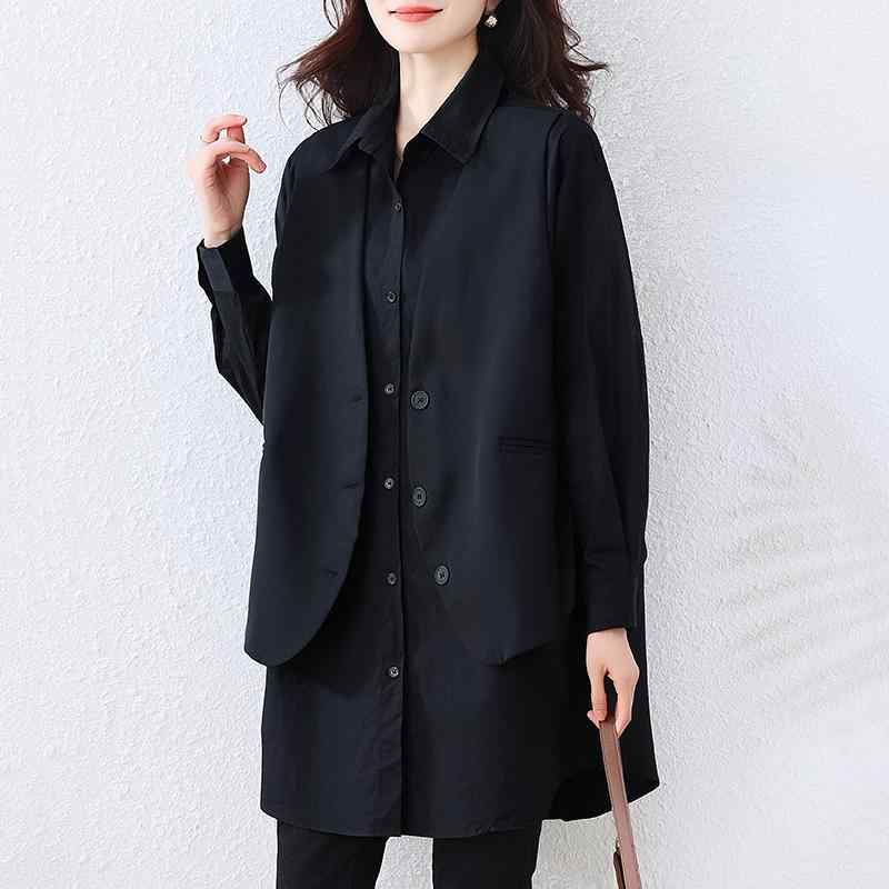 春 コーデ レディース ファッション オシャレ カワイイ シンプル きれいめ ナチュラル 上品カジュアル 婦人服 フェイク ツーピース ブラック シャツ 大きいサイズ スタイリッシュ スリミング カジュアル トップス 5,857円