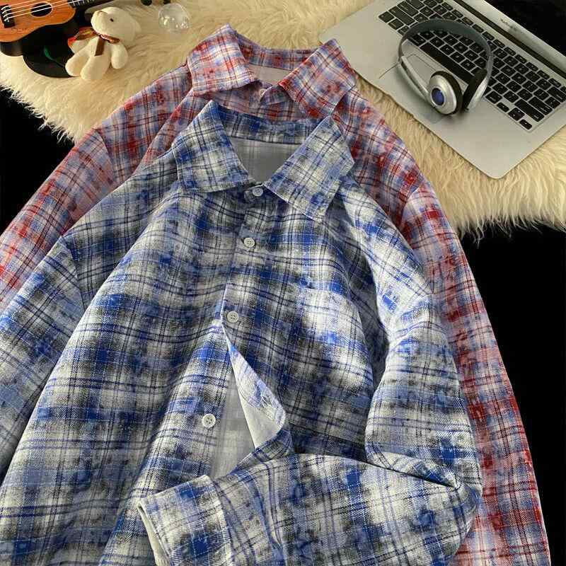 春 コーデ メンズ 用 服 シンプル ファッション 大人 紳士服 アメリカン ストリート カジュアル 長袖 タイダイ柄 チェック シャツ ジャケット タイダイ ハイエンド カジュアル 通勤スタイル 重ね着コーデ ゆったりシルエット 軽アウター