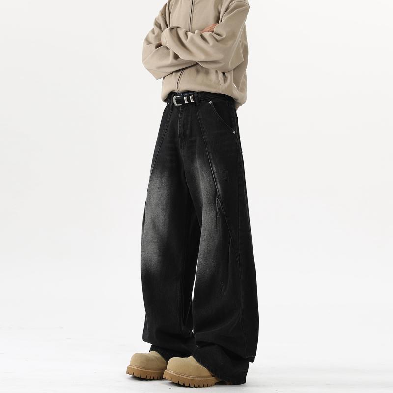 春 コーデ メンズ 用 服 シンプル 大人 紳士服 アメリカン ストリート ストレート ワイド ジーンズ パンツ ダメージ プリーツ 春 カジュアル 通勤スタイル 重ね着コーデ ゆったりシルエット 快適フィット 動きやすい デイリー