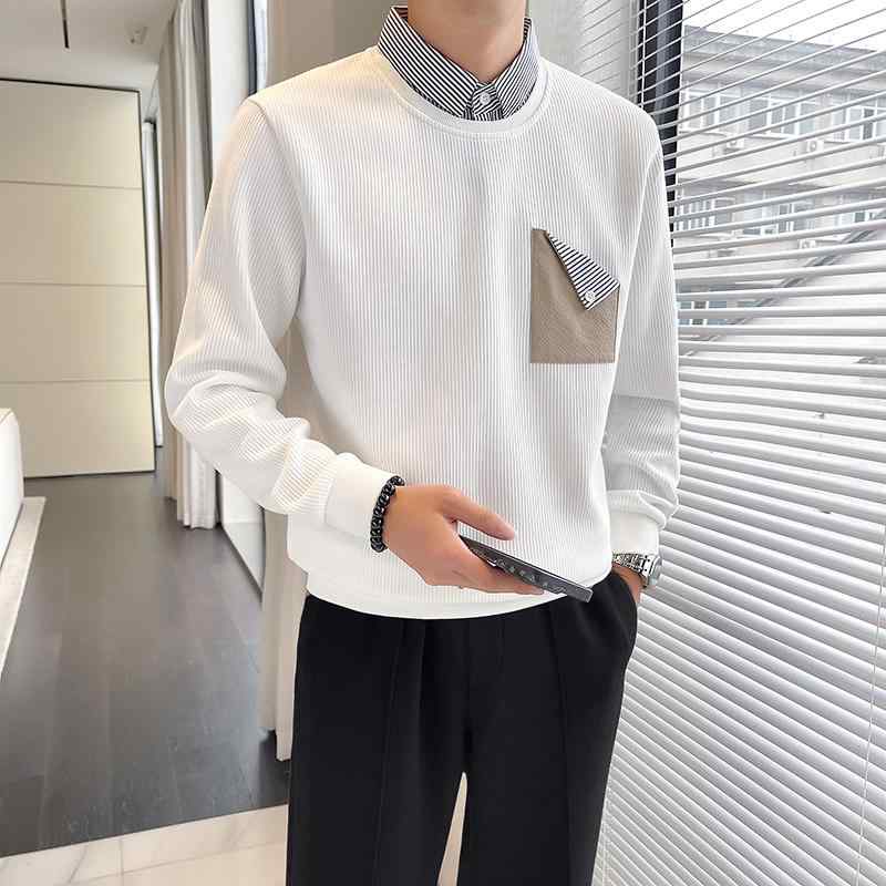 春 コーデ メンズ 用 服 シンプル ファッション オシャレ 大人 かっこいい 紳士服 長袖 ポケット ニット 型 秋 スウェットシャツ カジュアル 通勤スタイル 重ね着コーデ ゆったりシルエット さらっと着 普段使い