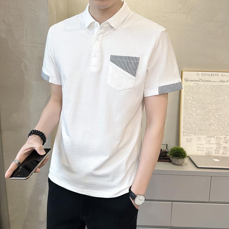 春 コーデ メンズ 用 服 シンプル ファッション オシャレ 大人 かっこいい 紳士服 スリム 半袖 ポケット コットン シャツ ストライプ 夏 ポロシャツ カジュアル 通勤スタイル 重ね着コーデ ゆったりシルエット さらっと着 普段使い