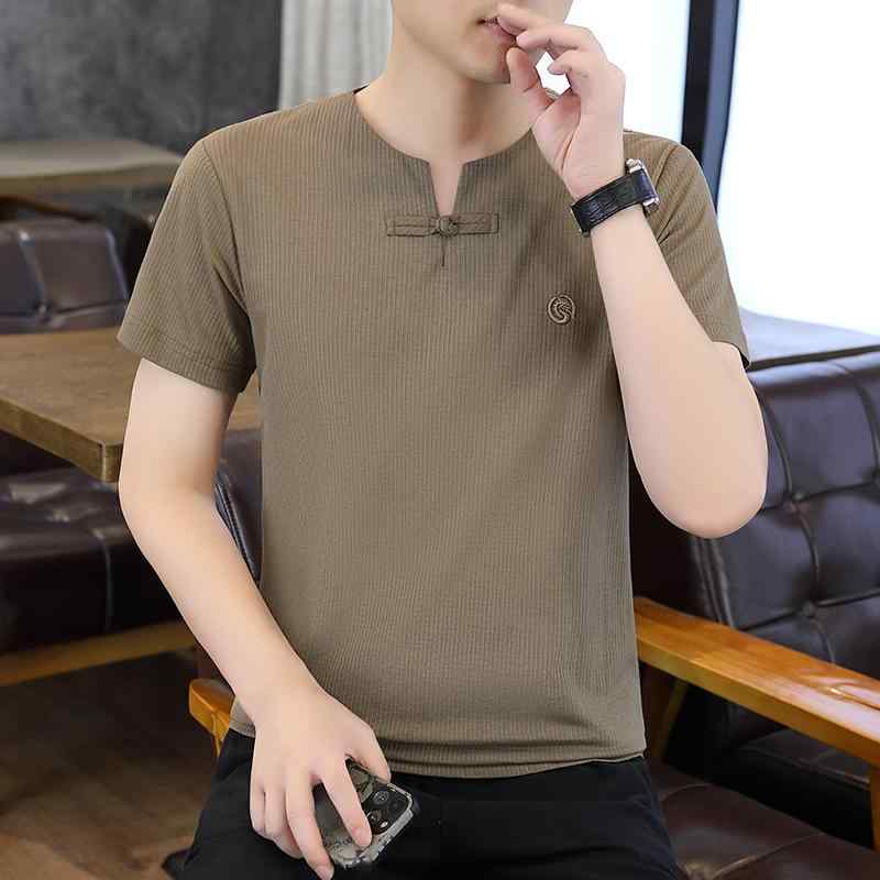 春 コーデ メンズ 用 服 シンプル ファッション オシャレ 大人 紳士服 半袖 Vネック スタンドカラー コットン シャツ 無地 リネン 夏 夏服 カジュアル 通勤スタイル 重ね着コーデ ゆったりシルエット さらっと着 普段使い