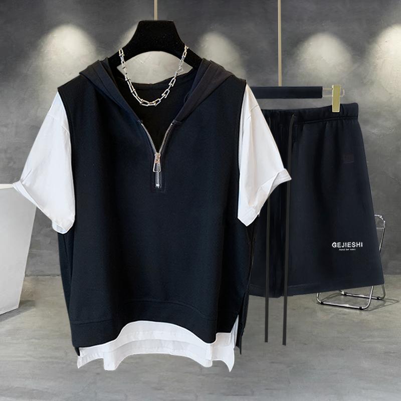春 コーデ メンズ 用 服 シンプル ファッション オシャレ 大人 紳士服 ストレート 半袖 フード付き パンツ シャツ ジッパー 夏 カジュアル 通勤スタイル 重ね着コーデ ゆったりシルエット 快適フィット 動きやすい デイリー