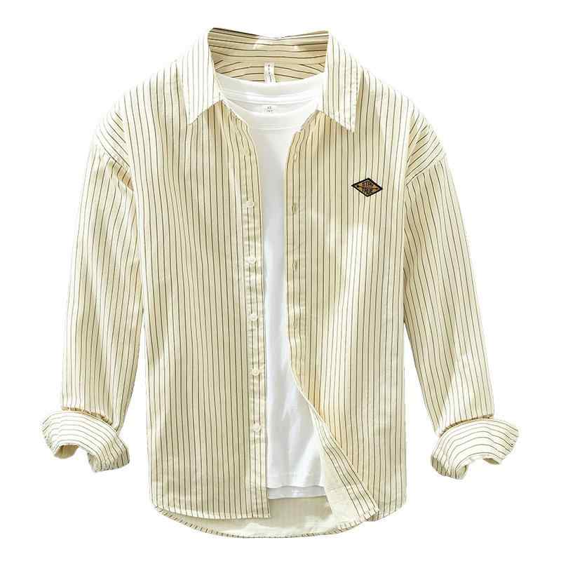 春 コーデ メンズ 用 服 シンプル ファッション オシャレ 大人 かっこいい 紳士服 カジュアル ゆったり 長袖 シャツ ストライプ 春秋 コットンジャケット カジュアル 通勤スタイル 重ね着コーデ ゆったりシルエット 軽アウター｜リコット