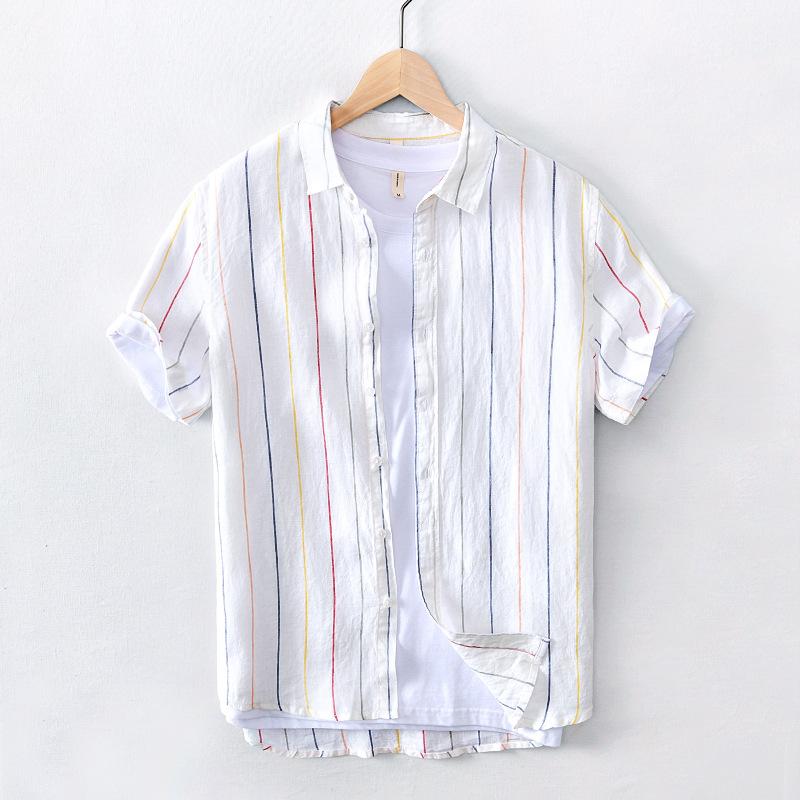 春 コーデ メンズ 用 服 シンプル ファッション オシャレ 大人 かっこいい 紳士服 カジュアル ゆったり 半袖 綿 シャツ 麻 ストライプ リネン 夏 カジュアル 通勤スタイル 重ね着コーデ ゆったりシルエット さらっと着 普段使い